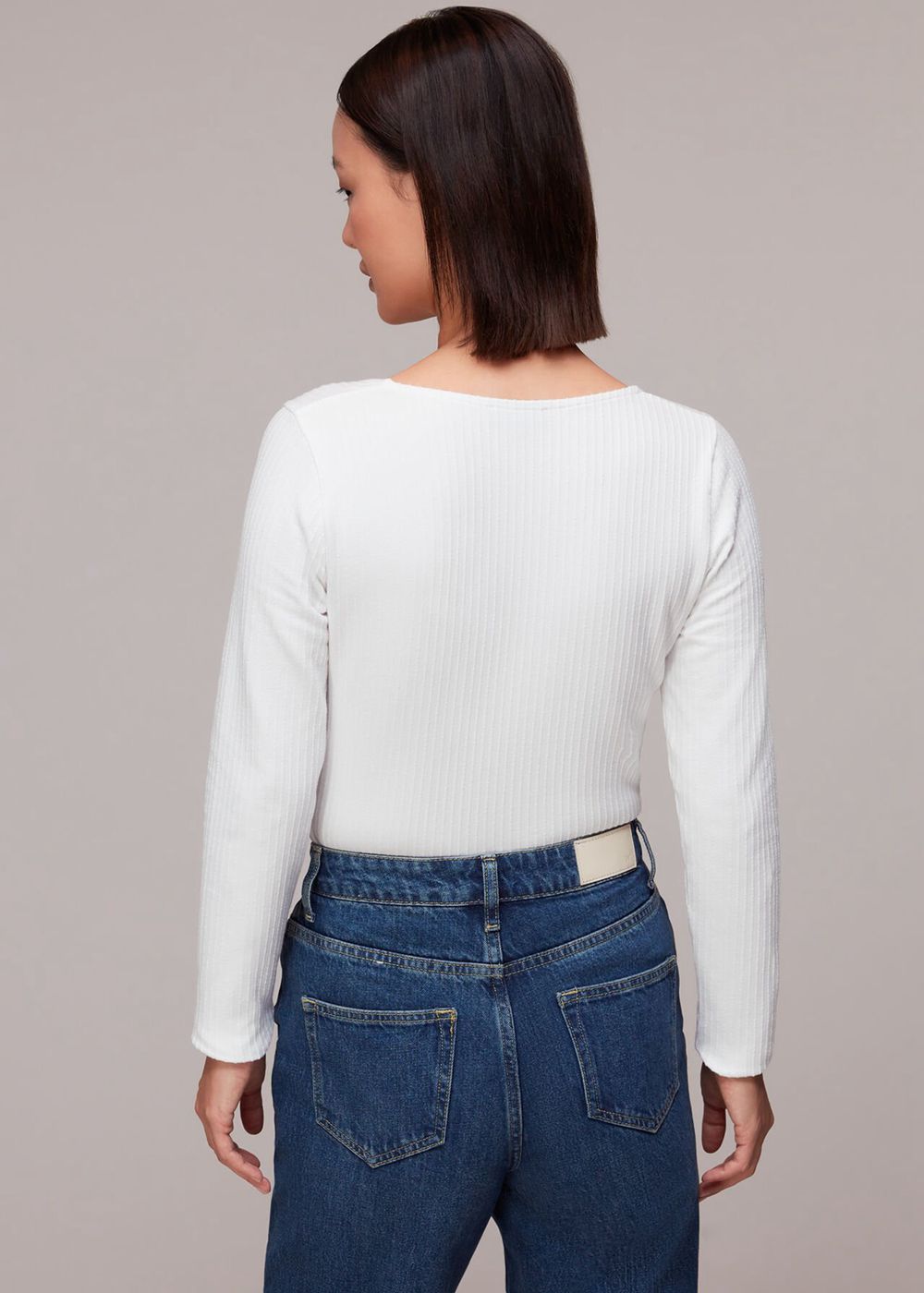 Whistles Square Neck Long Sleeve Rib Top White | US-95362BSLW