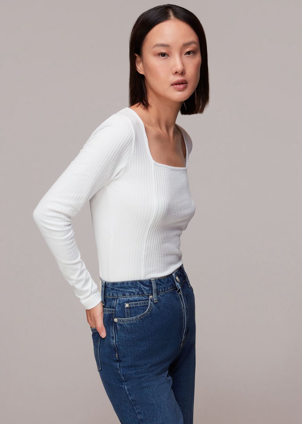 Whistles Square Neck Long Sleeve Rib Top White | US-95362BSLW