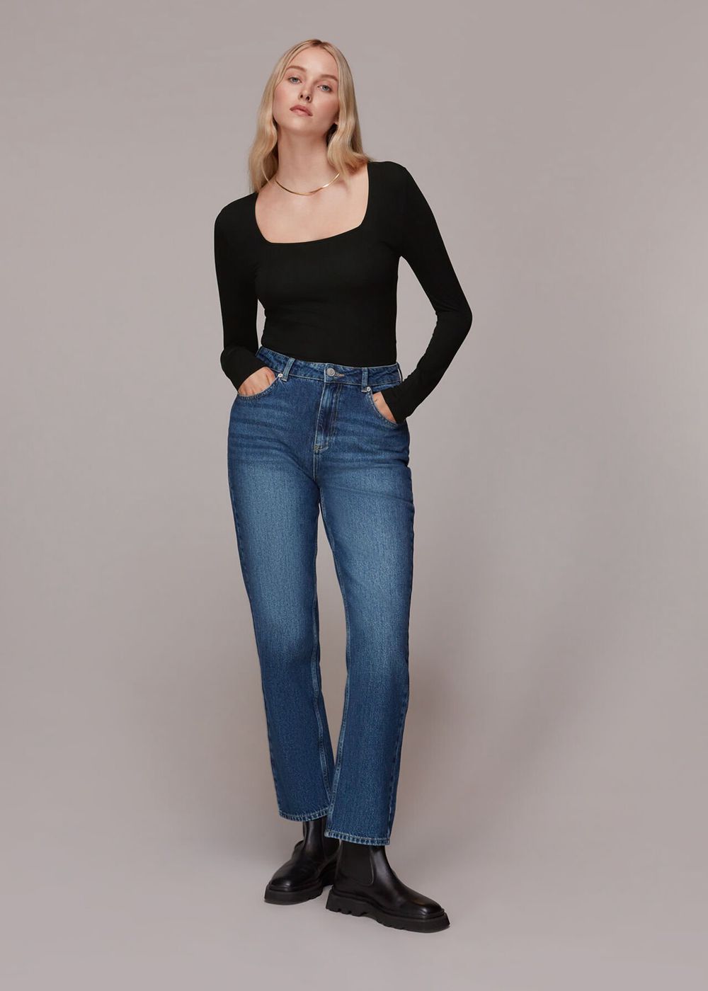 Whistles Square Neck Long Sleeve Top Black | US-67018RDKC