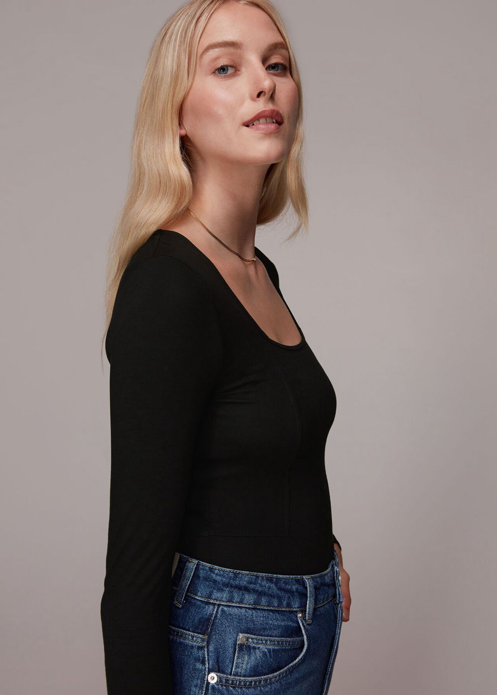 Whistles Square Neck Long Sleeve Top Black | US-67018RDKC