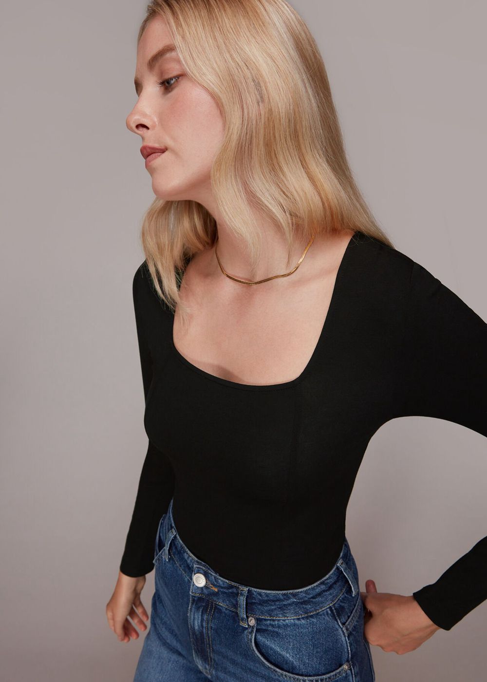 Whistles Square Neck Long Sleeve Top Black | US-67018RDKC