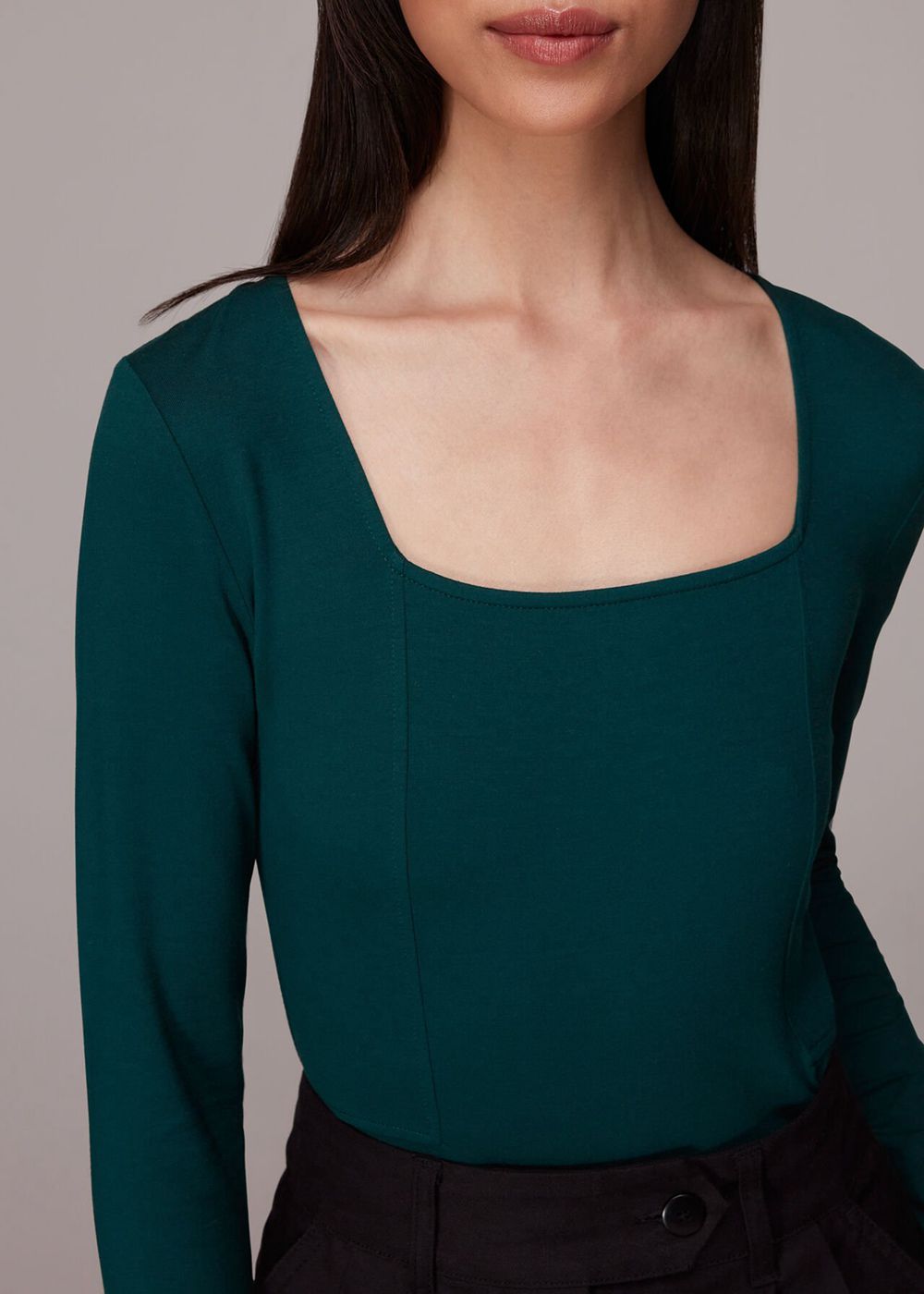 Whistles Square Neck Long Sleeve Top Dark Green | US-45083HNVM