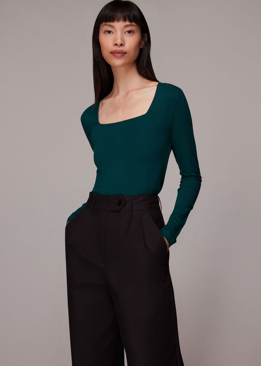 Whistles Square Neck Long Sleeve Top Dark Green | US-45083HNVM