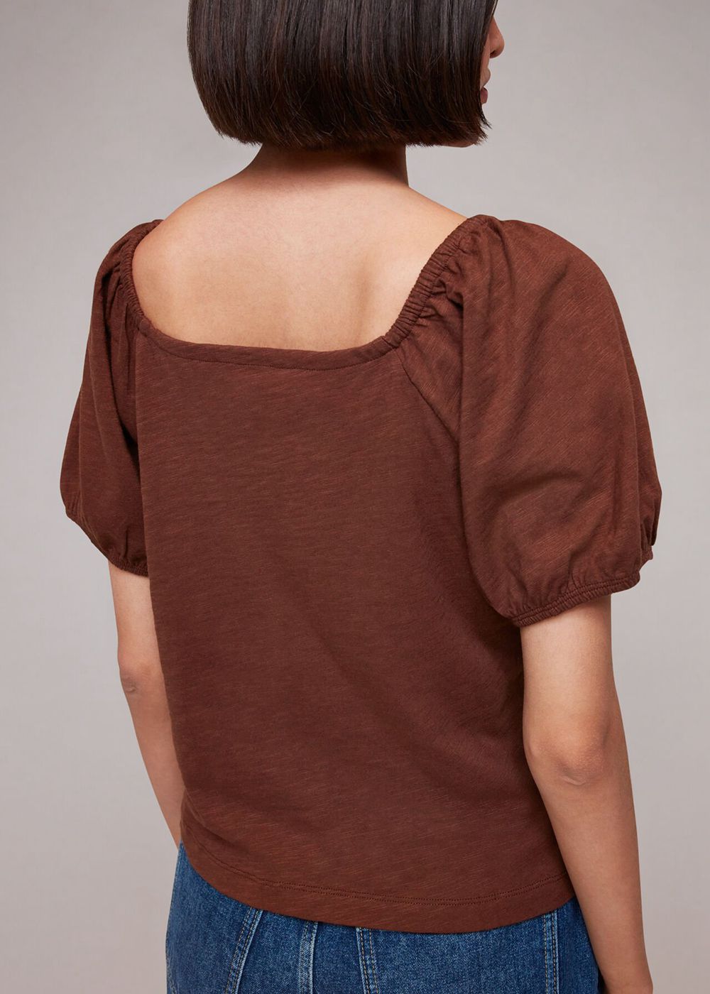 Whistles Square Neck Puff Sleeve Top Brown | US-74180LZGD