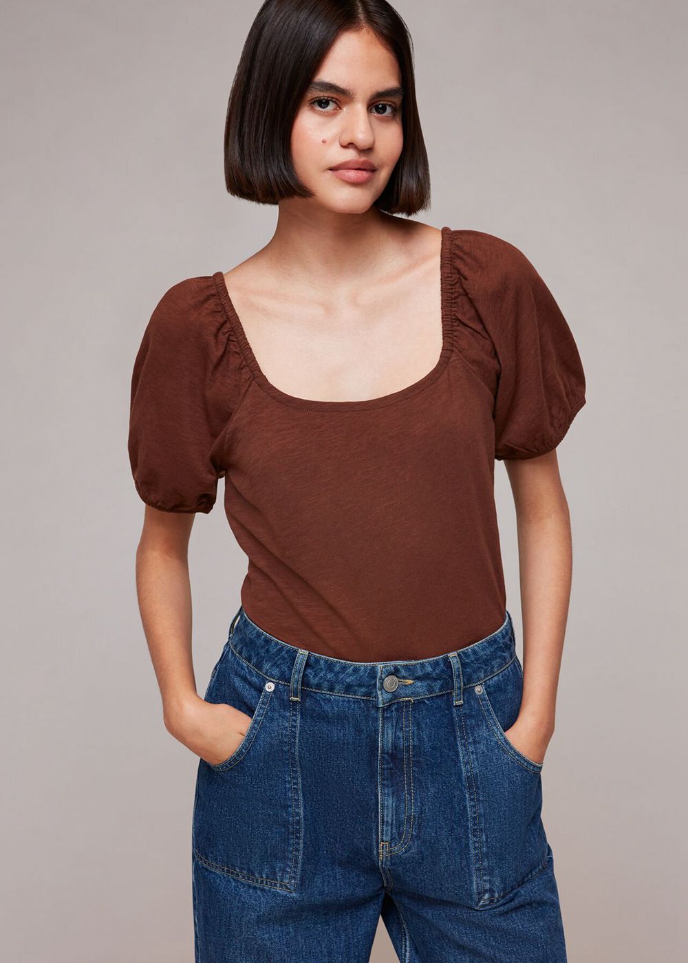 Whistles Square Neck Puff Sleeve Top Brown | US-74180LZGD