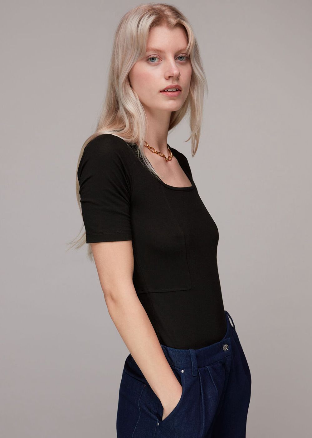 Whistles Square Neck T-Shirt Black | US-78349GXFA