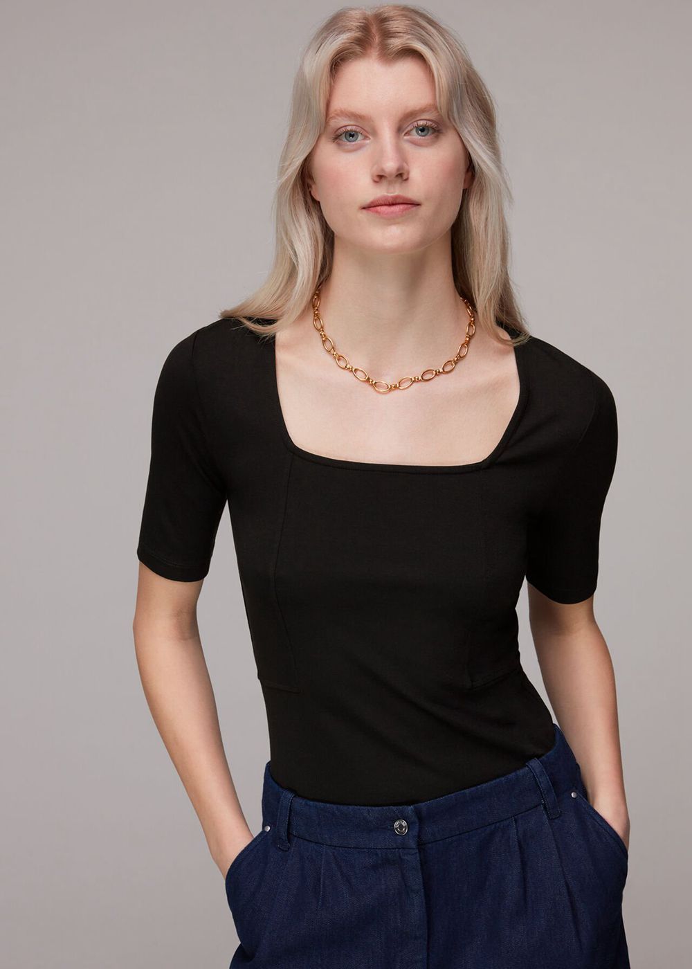 Whistles Square Neck T-Shirt Black | US-78349GXFA