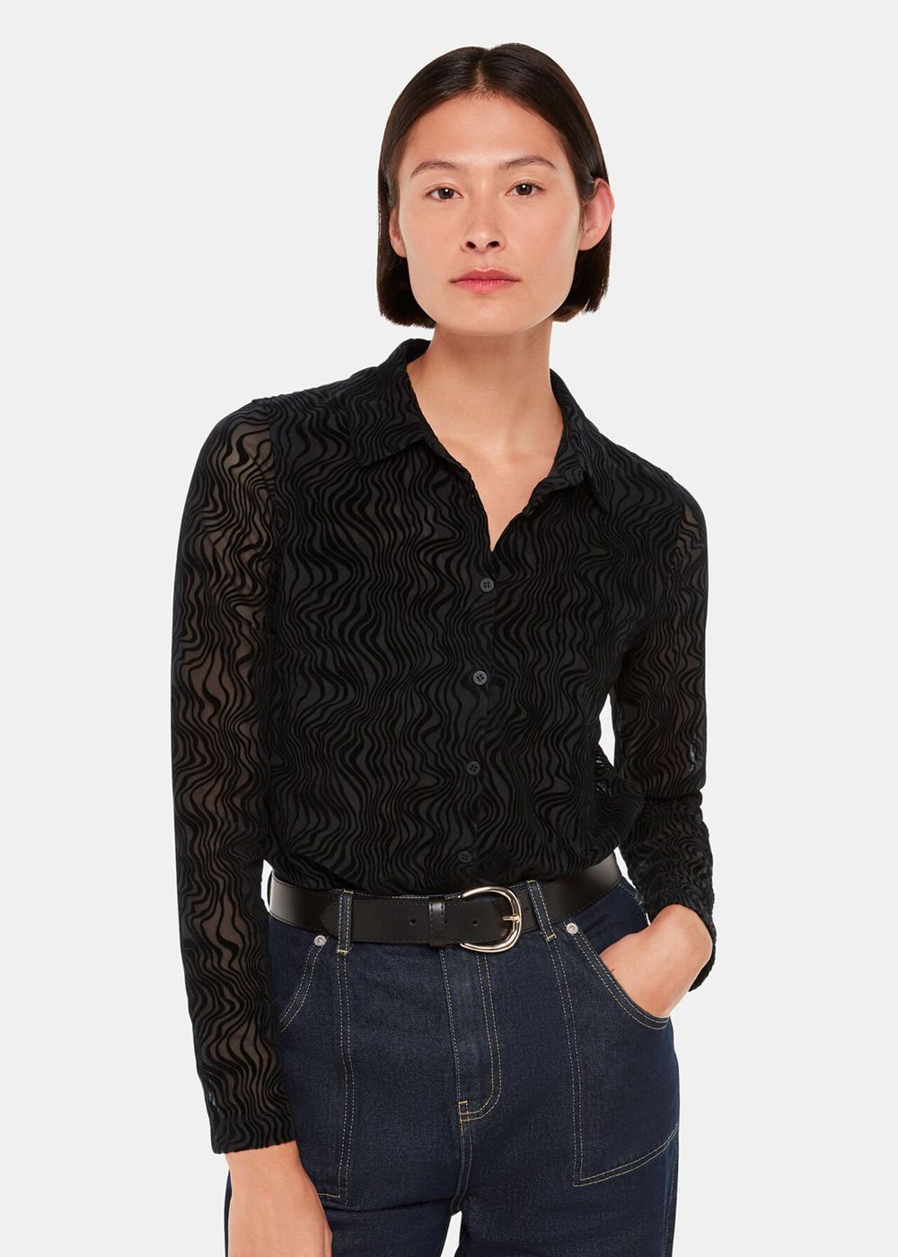 Whistles Squiggle Mesh Shirts Black | US-64729WHQS