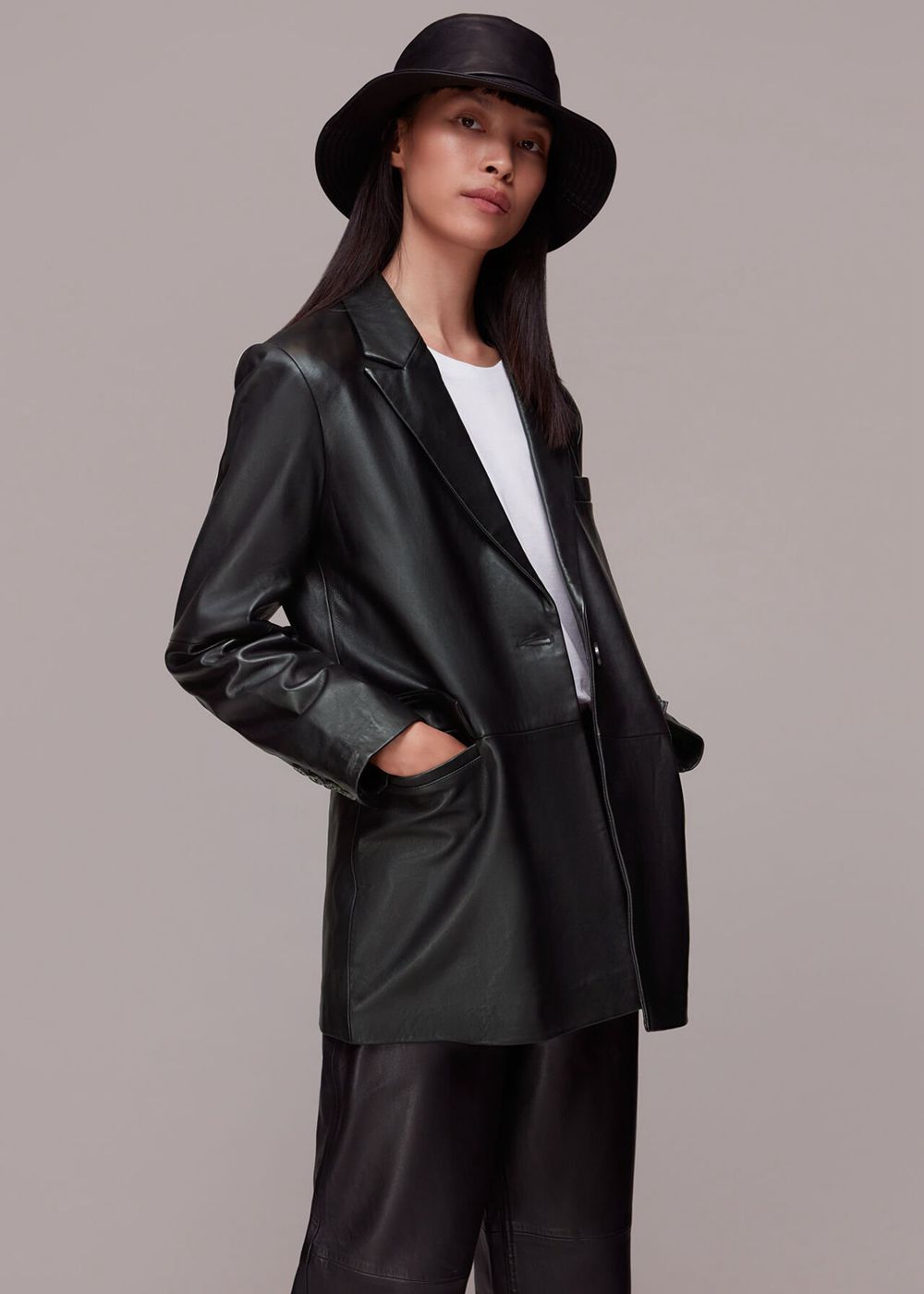 Whistles Stina Leather Blazer Black | US-46735DXWN