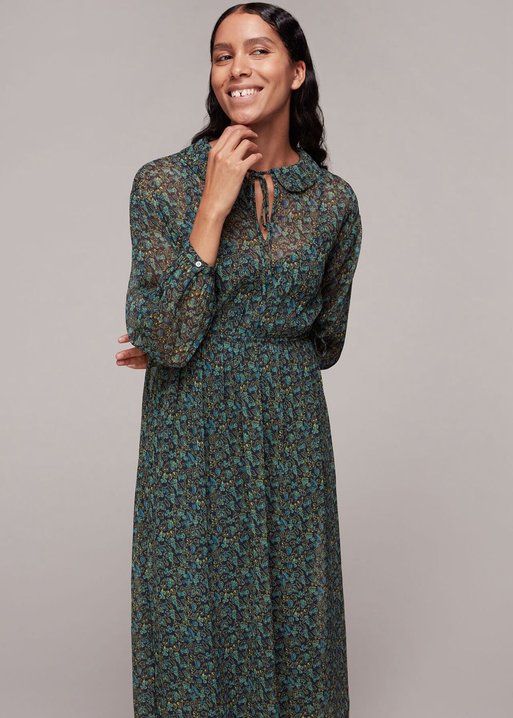 Whistles Stitch Floral Print Midi Dress Green / Multicolor | US-16724DPYR