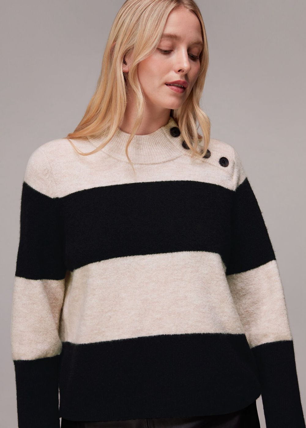 Whistles Stripe Button Neck Jumpers Black / Multicolor | US-03568UKYH