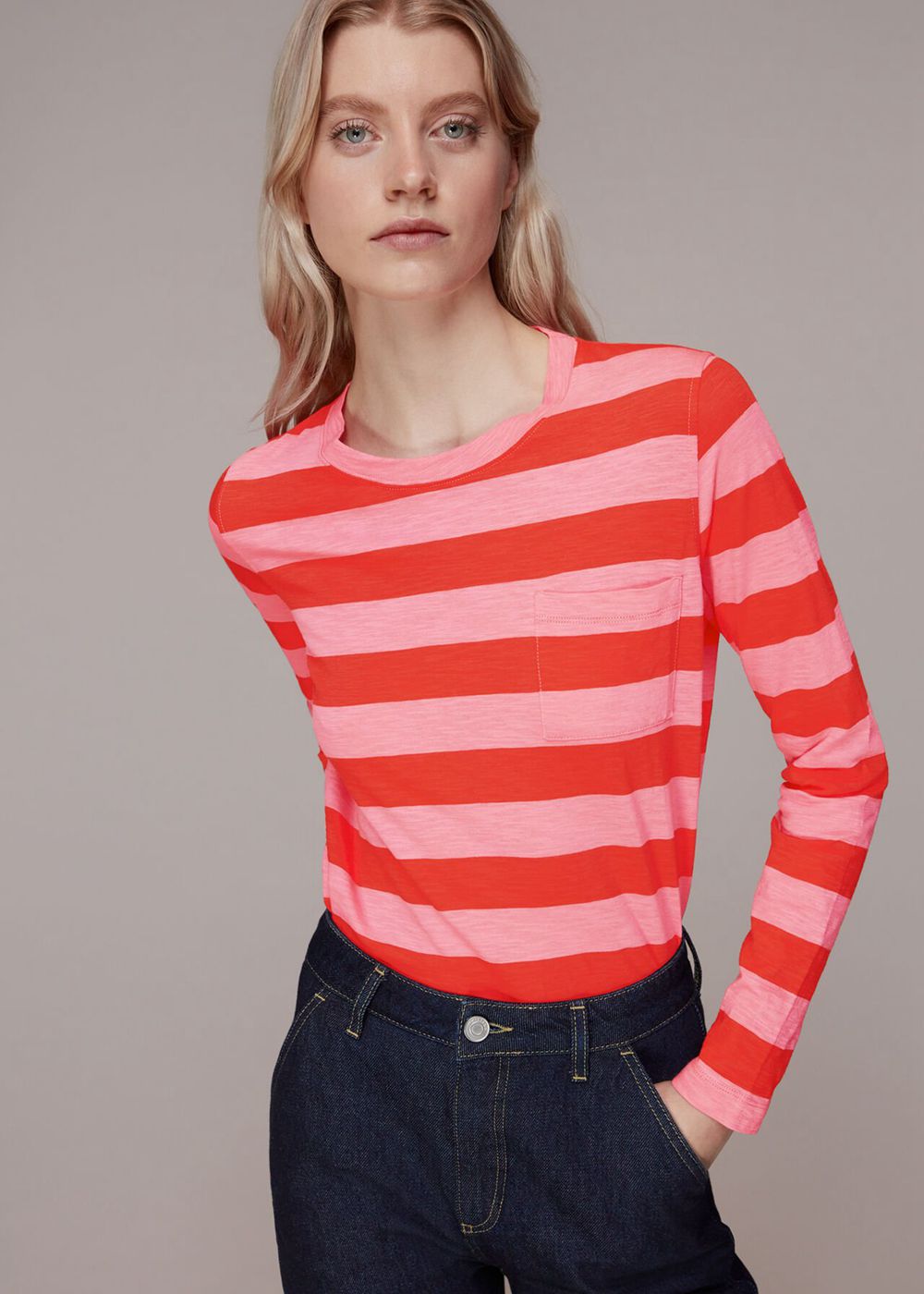 Whistles Stripe Crew Neck Pocket Top Red / Multicolor | US-02486ZERU