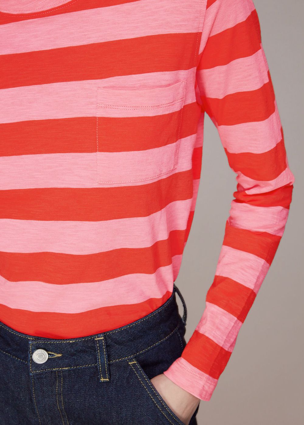 Whistles Stripe Crew Neck Pocket Top Red / Multicolor | US-02486ZERU