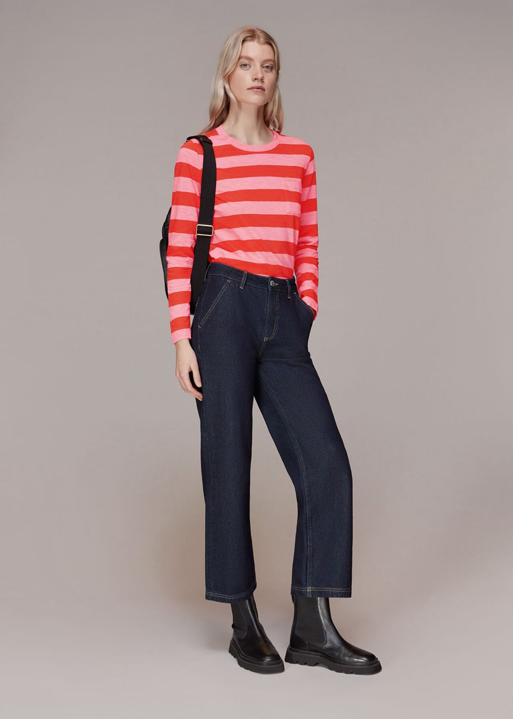 Whistles Stripe Crew Neck Pocket Top Red / Multicolor | US-02486ZERU