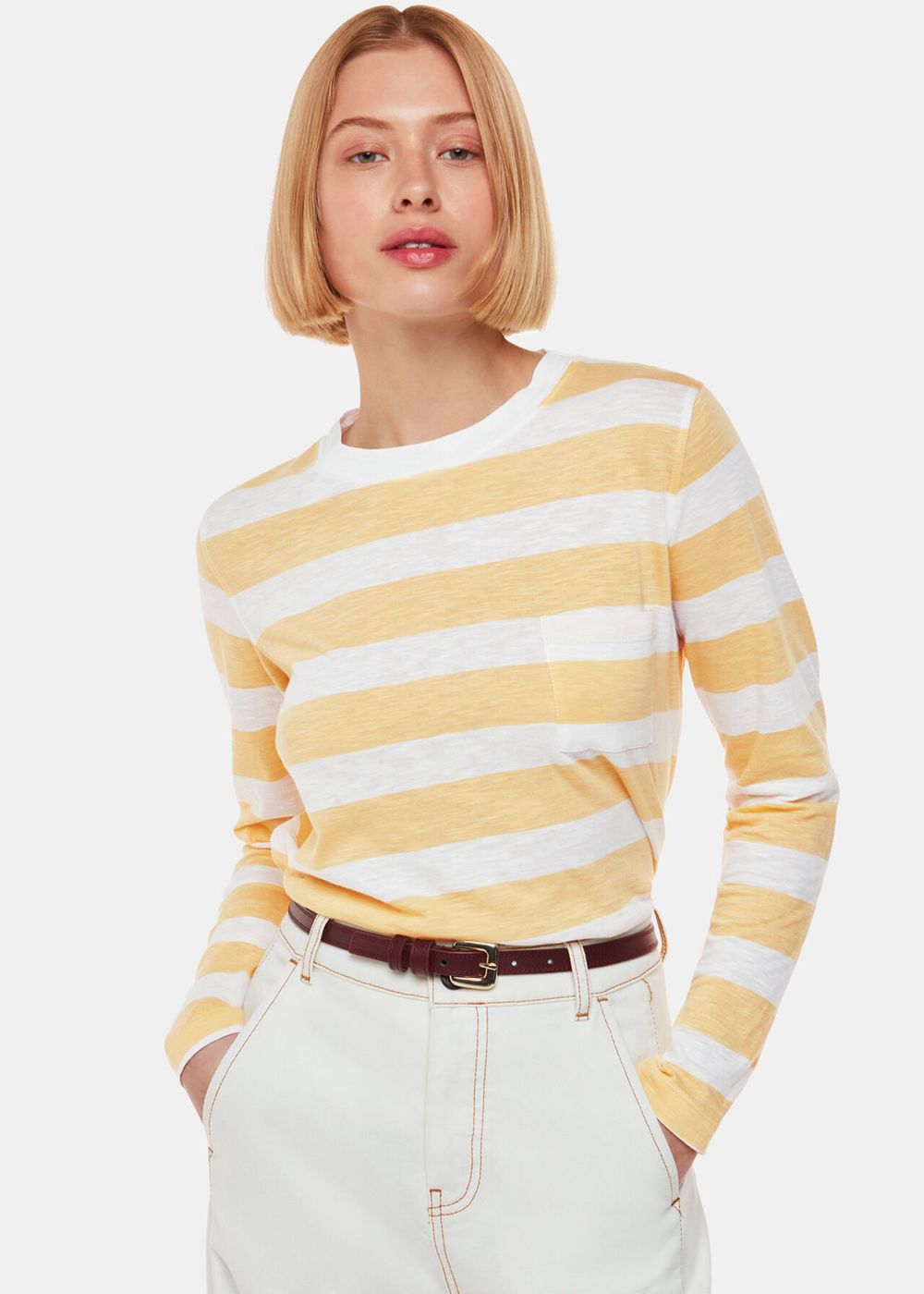 Whistles Stripe Crew Neck Pocket Top Yellow / Multicolor | US-57619UAEZ