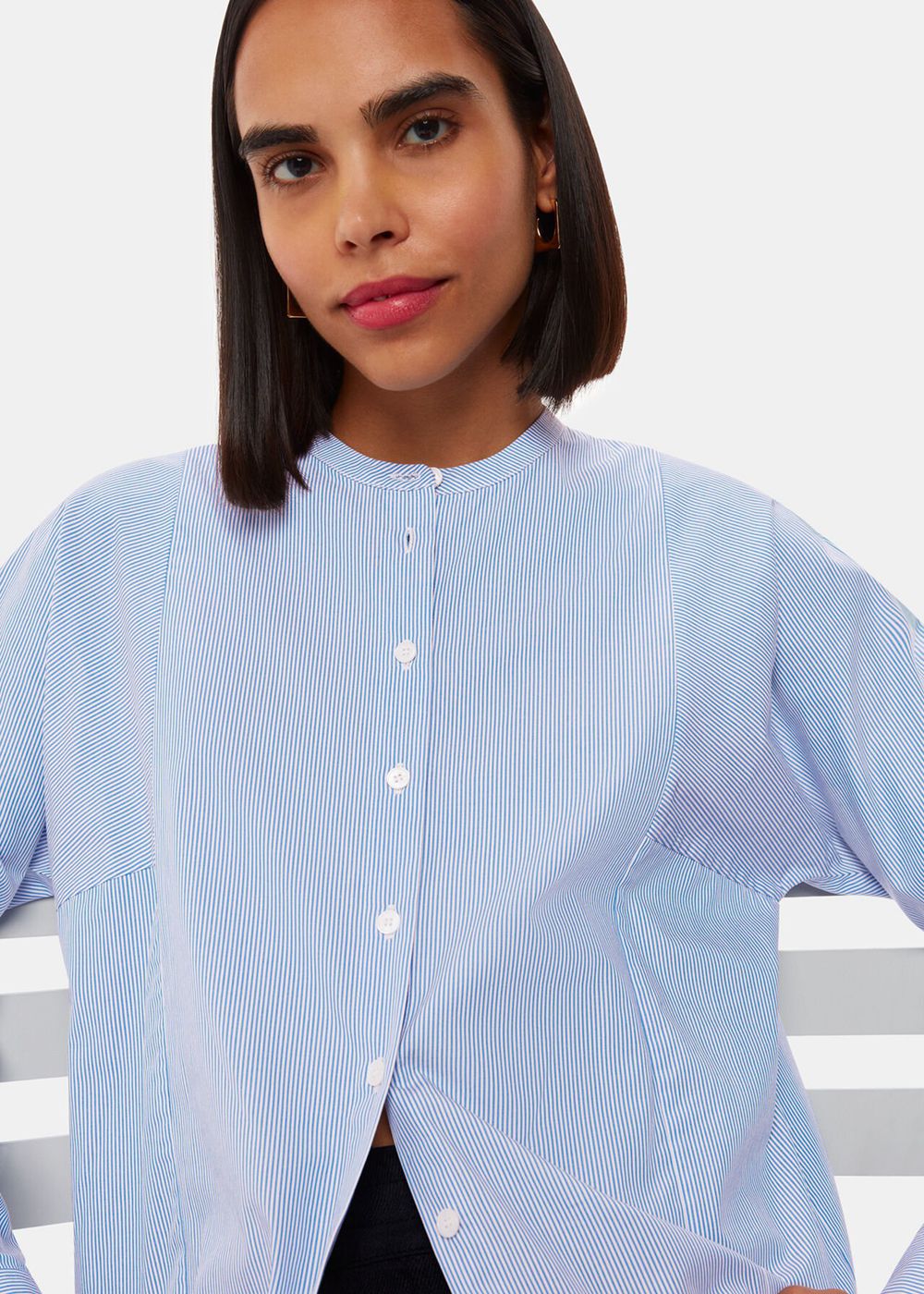 Whistles Stripe Grandad Collar Shirts Blue / White | US-89376WRDN