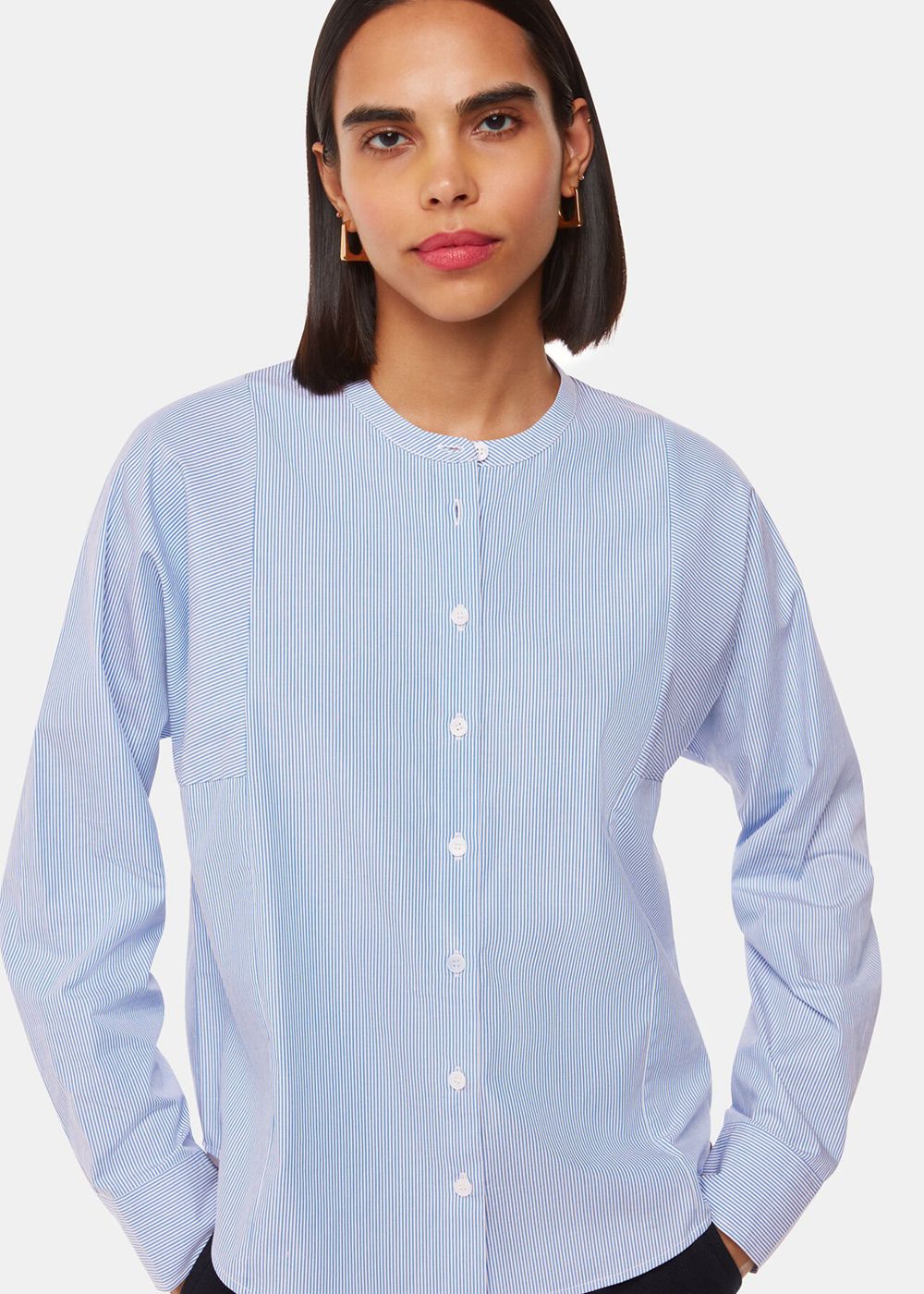 Whistles Stripe Grandad Collar Shirts Blue / White | US-89376WRDN