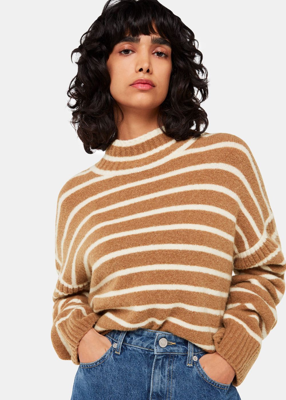 Whistles Stripe Rib Detail Funnel Knitwear Cream / Multicolor | US-26893OBGY