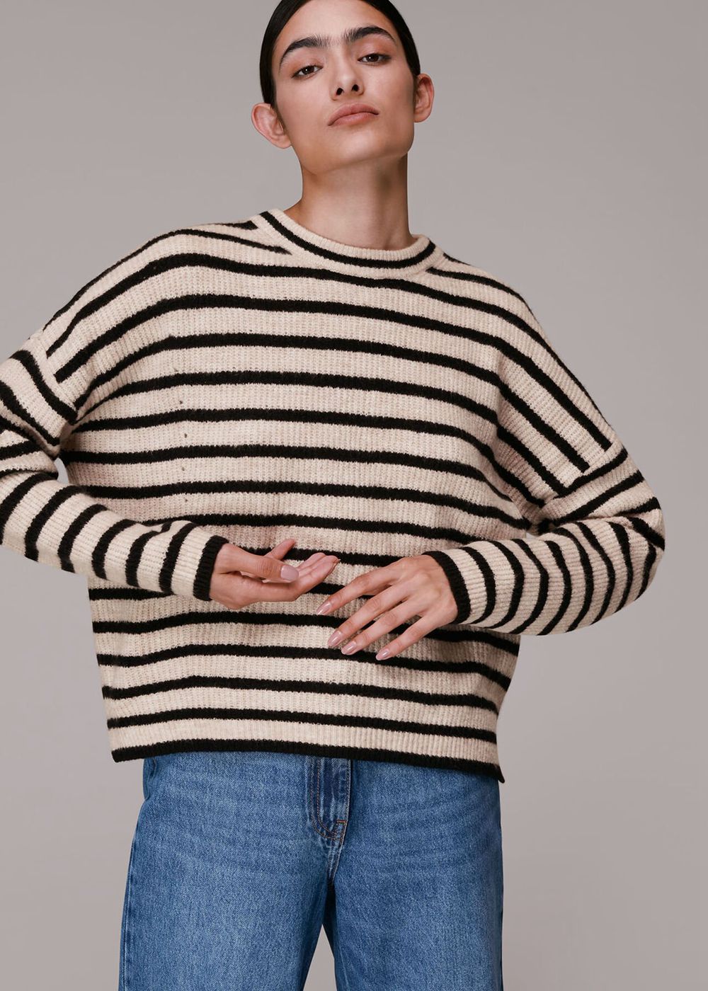 Whistles Stripe Ribbed Crew Neck Jumpers Black / Multicolor | US-61945PGHA