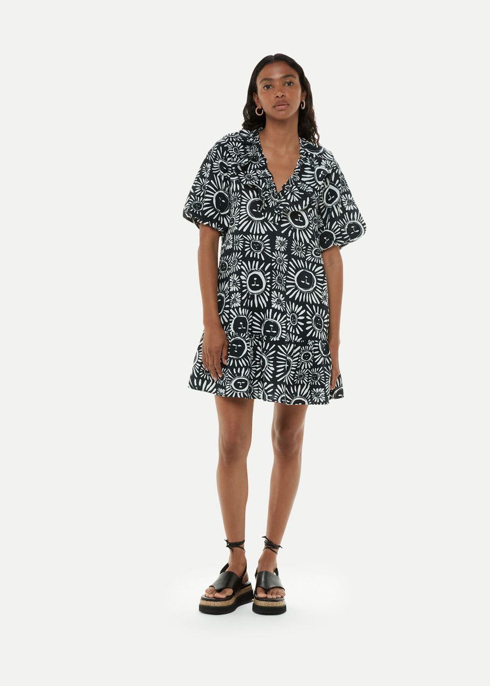 Whistles Sunman Print Frill Dress Black / Multicolor | US-23768ZWDM