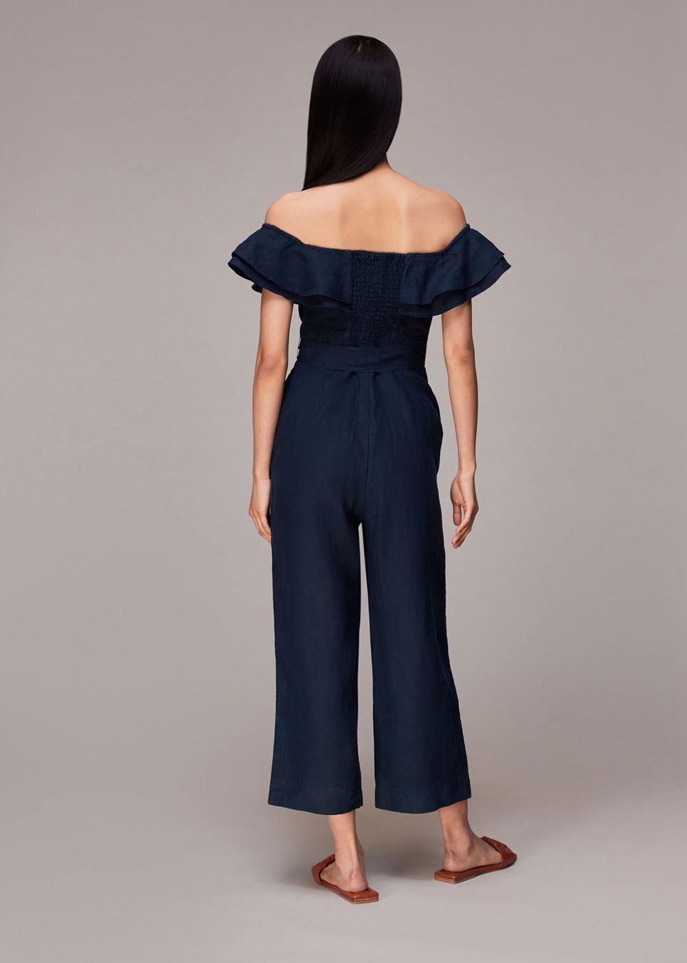 Whistles Tabi Linen Bardot Jumpsuit Navy | US-64279AYES