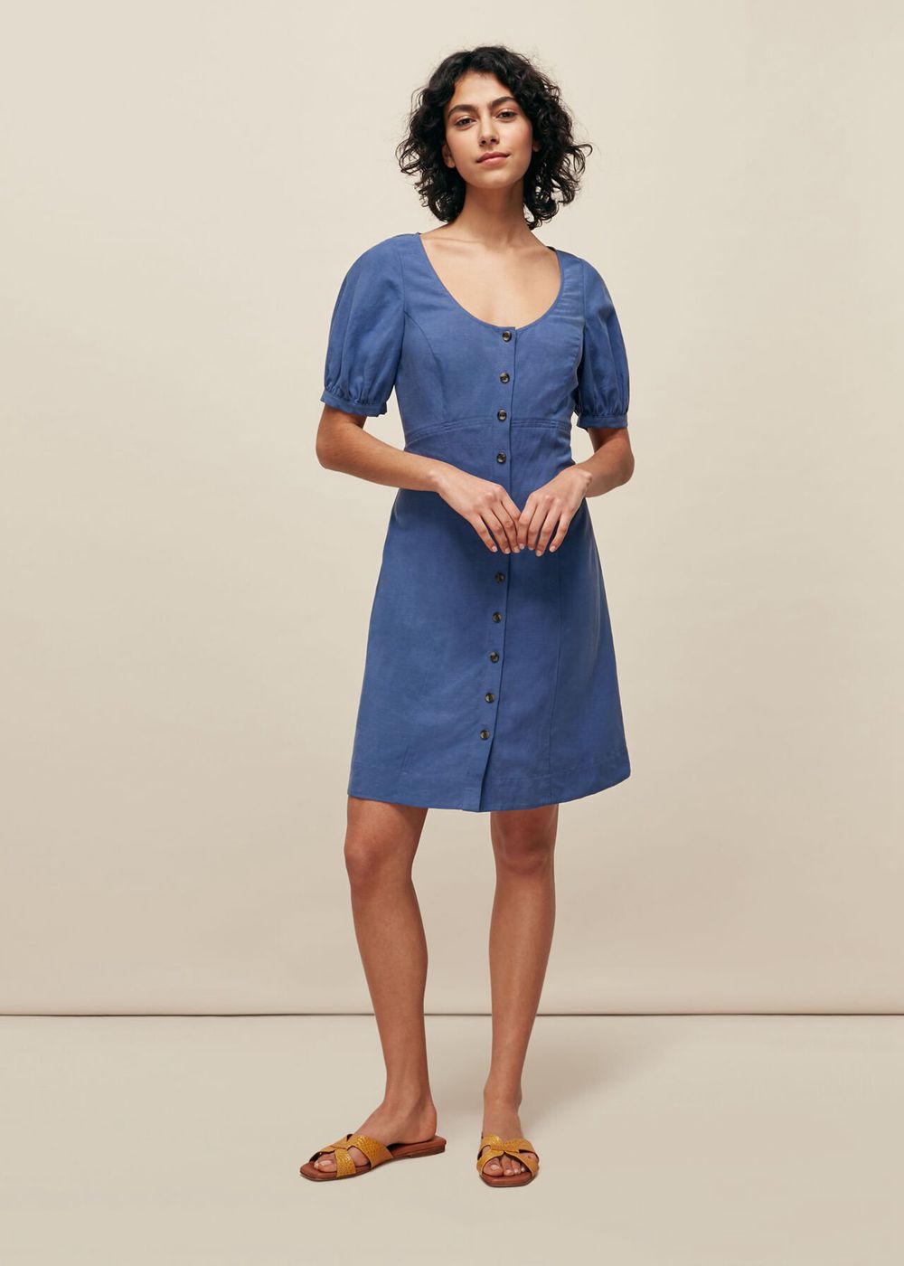 Whistles Tara Scoop Linen Mix Dress Blue | US-71632XJGK