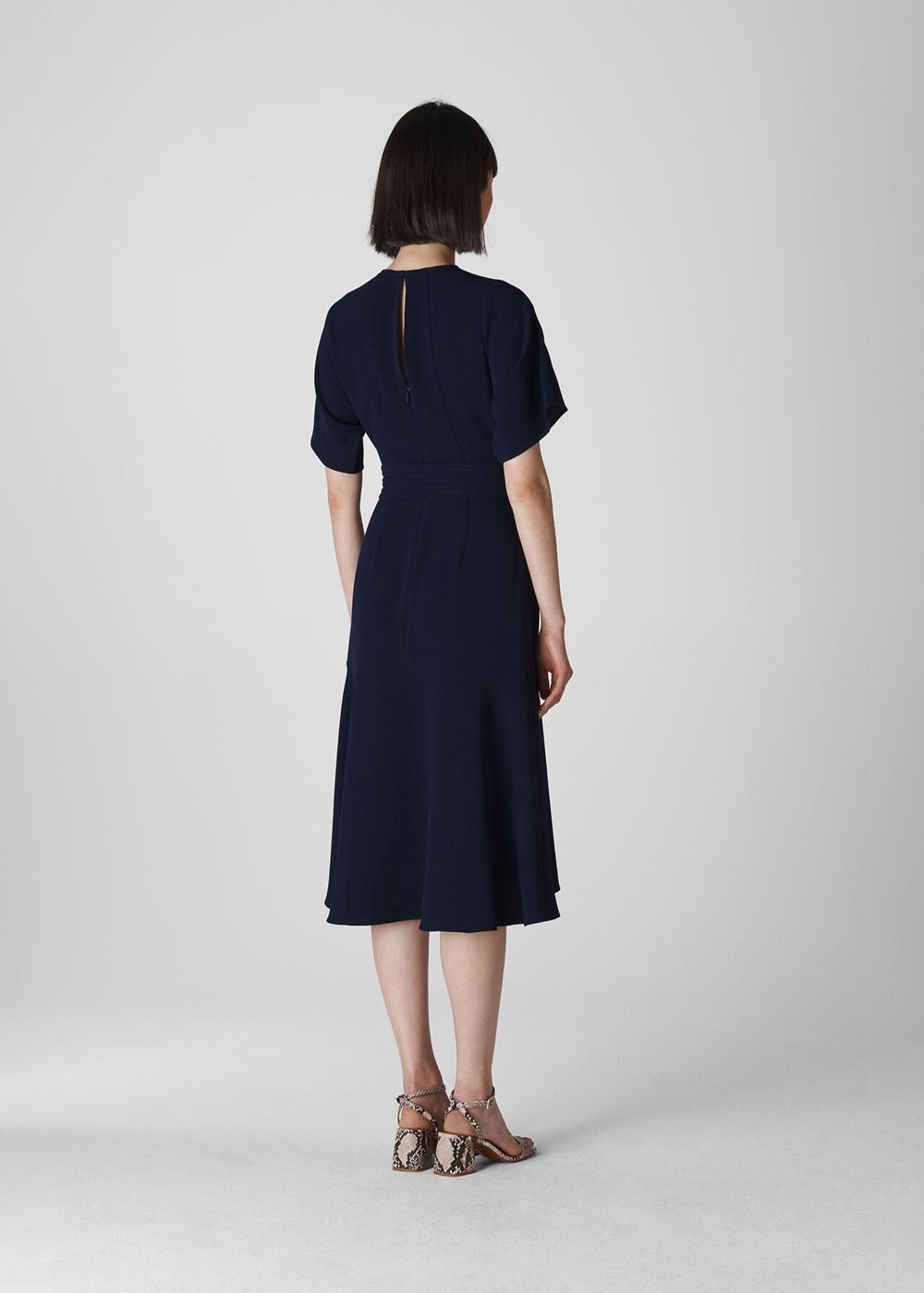 Whistles Textured Belted Midi Dress Navy | US-26049JHOV