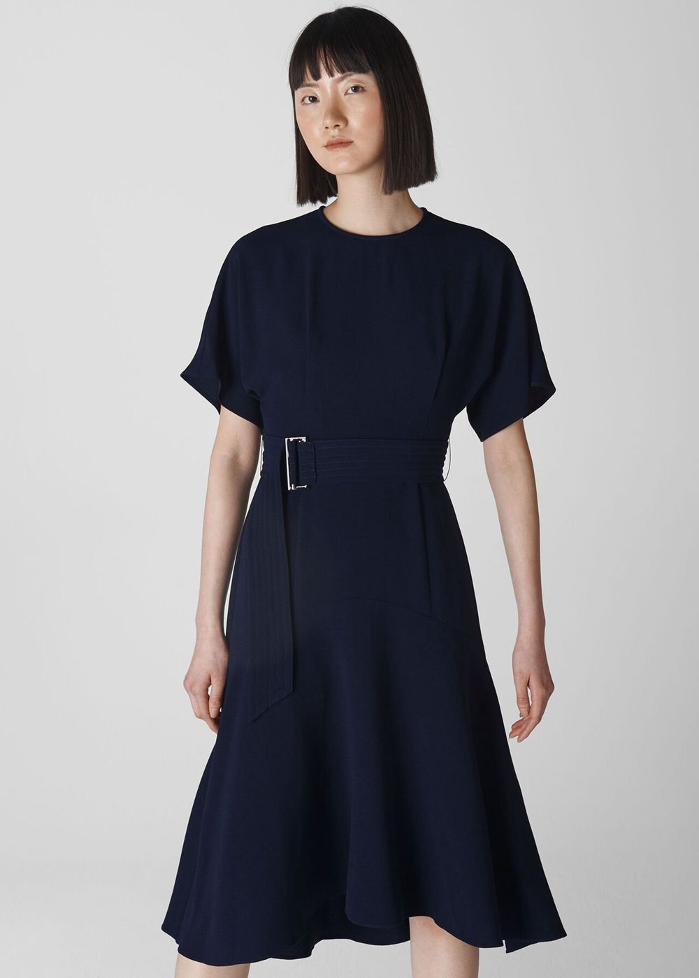 Whistles Textured Belted Midi Dress Navy | US-26049JHOV