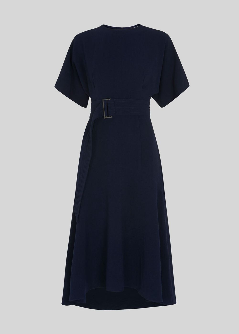 Whistles Textured Belted Midi Dress Navy | US-26049JHOV