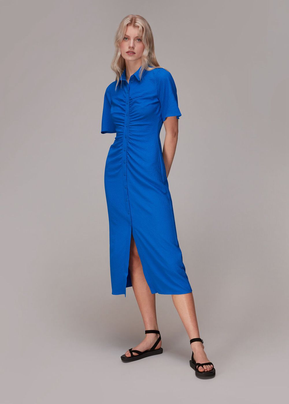 Whistles Textured Gathered Detail Dress Blue | US-43071VXDC