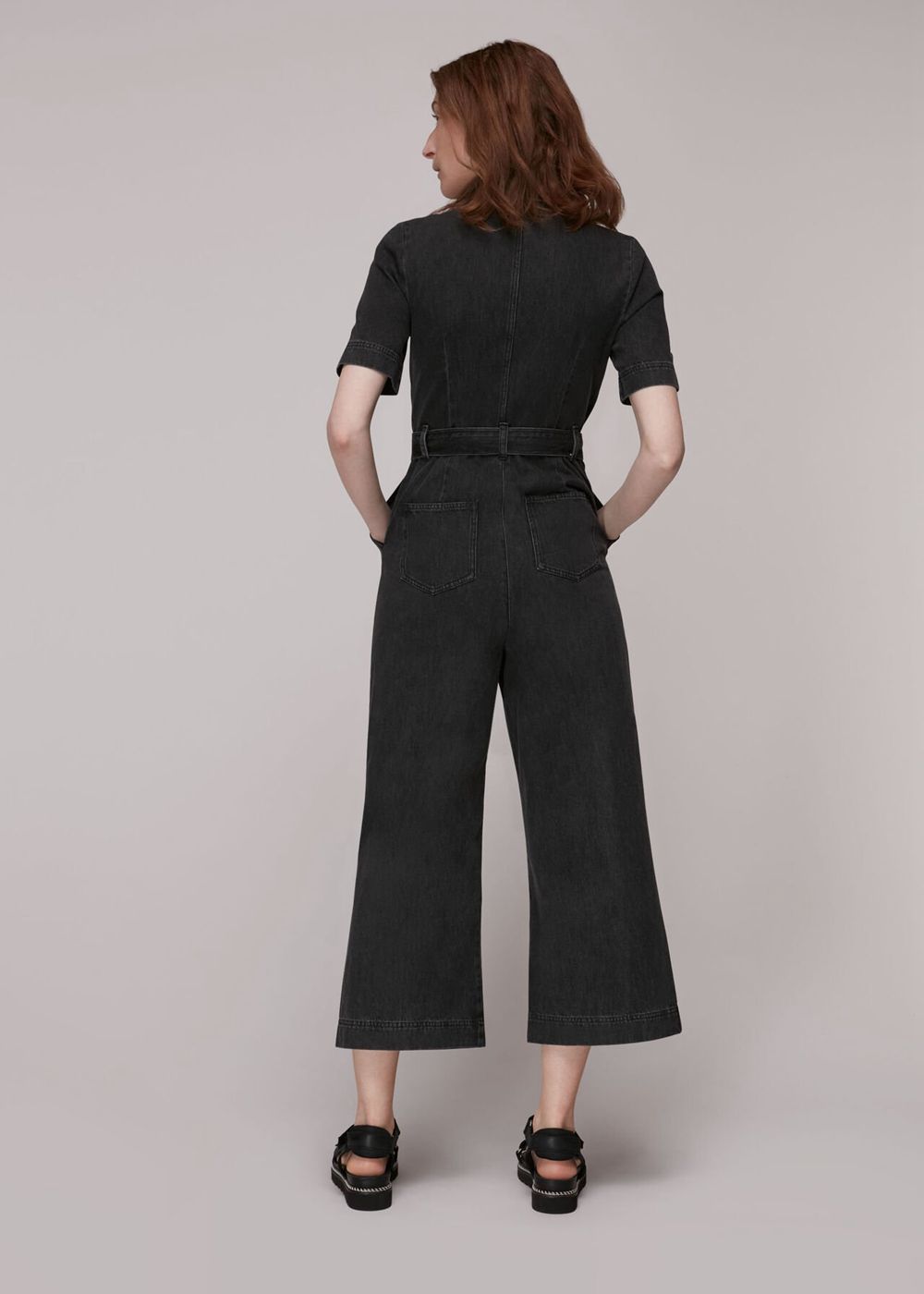 Whistles Tie Waist Denim Jumpsuit Black | US-49587ADRG