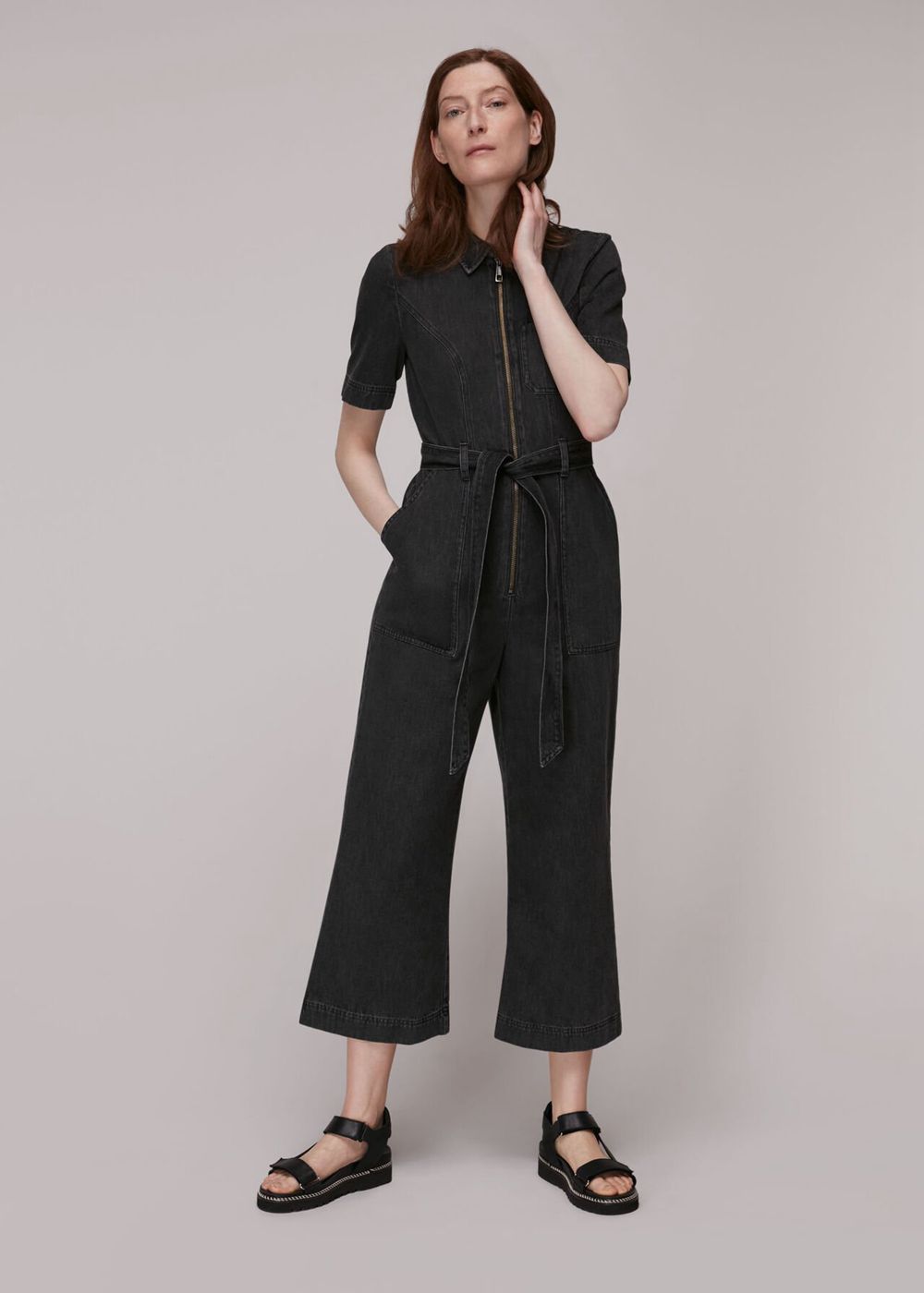 Whistles Tie Waist Denim Jumpsuit Black | US-49587ADRG