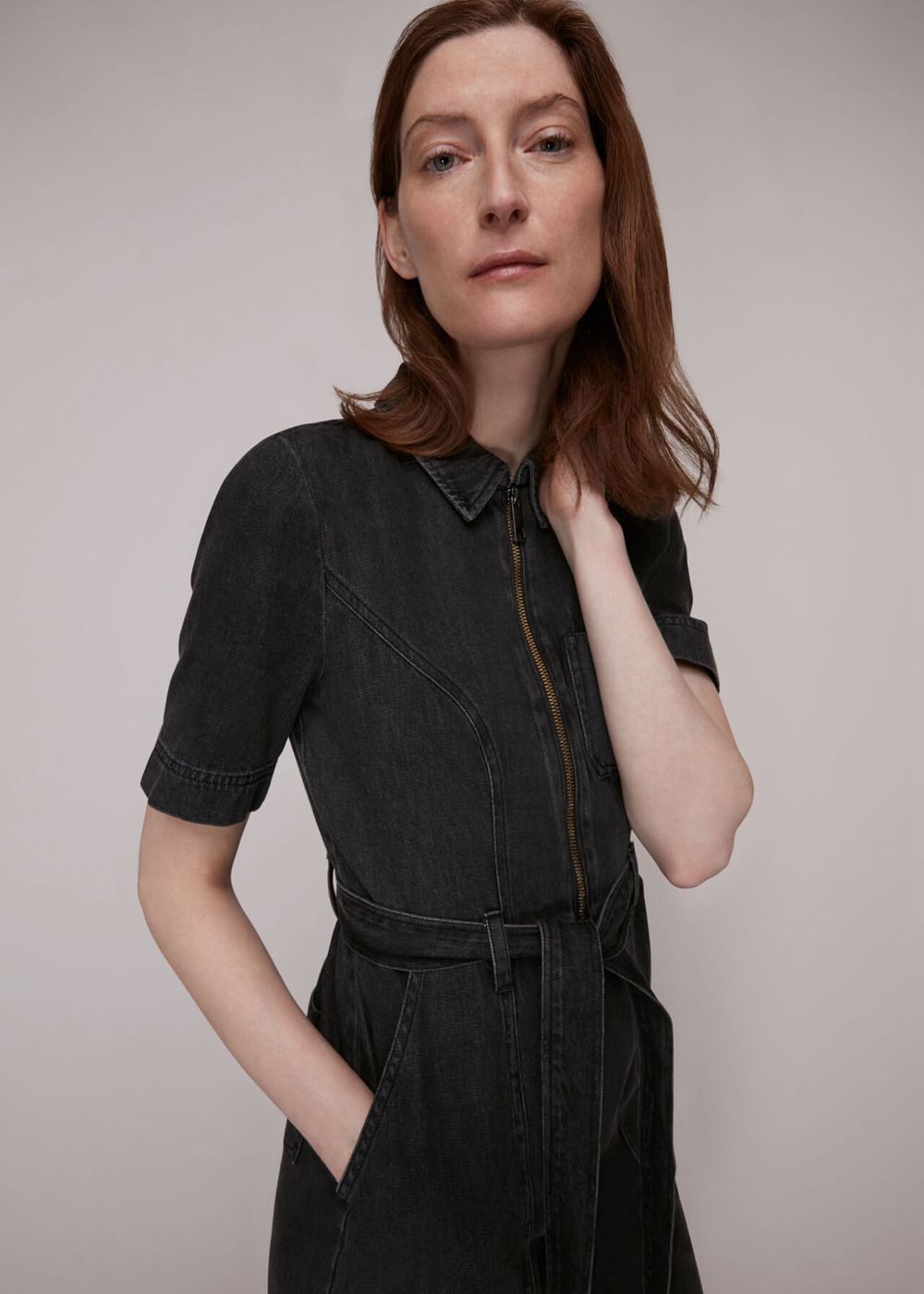 Whistles Tie Waist Denim Jumpsuit Black | US-49587ADRG