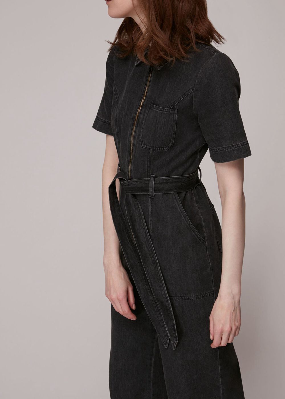 Whistles Tie Waist Denim Jumpsuit Black | US-49587ADRG