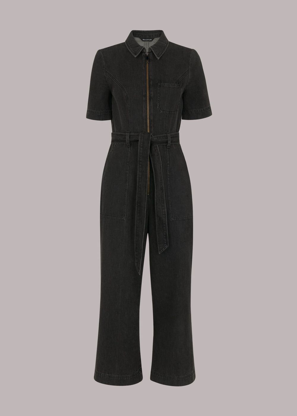 Whistles Tie Waist Denim Jumpsuit Black | US-49587ADRG