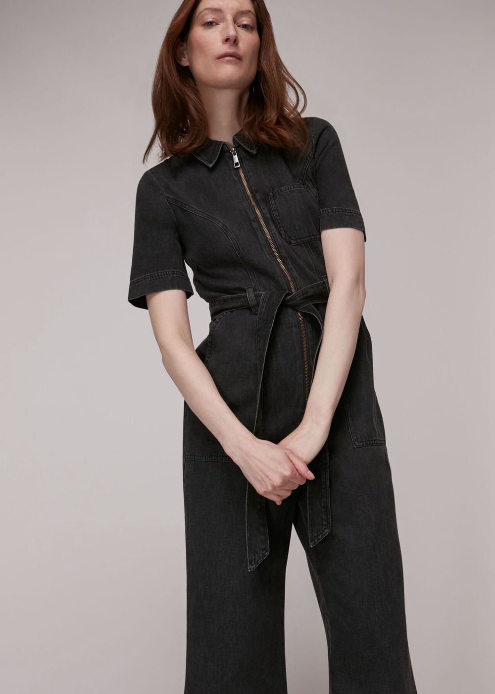 Whistles Tie Waist Denim Jumpsuit Black | US-49587ADRG