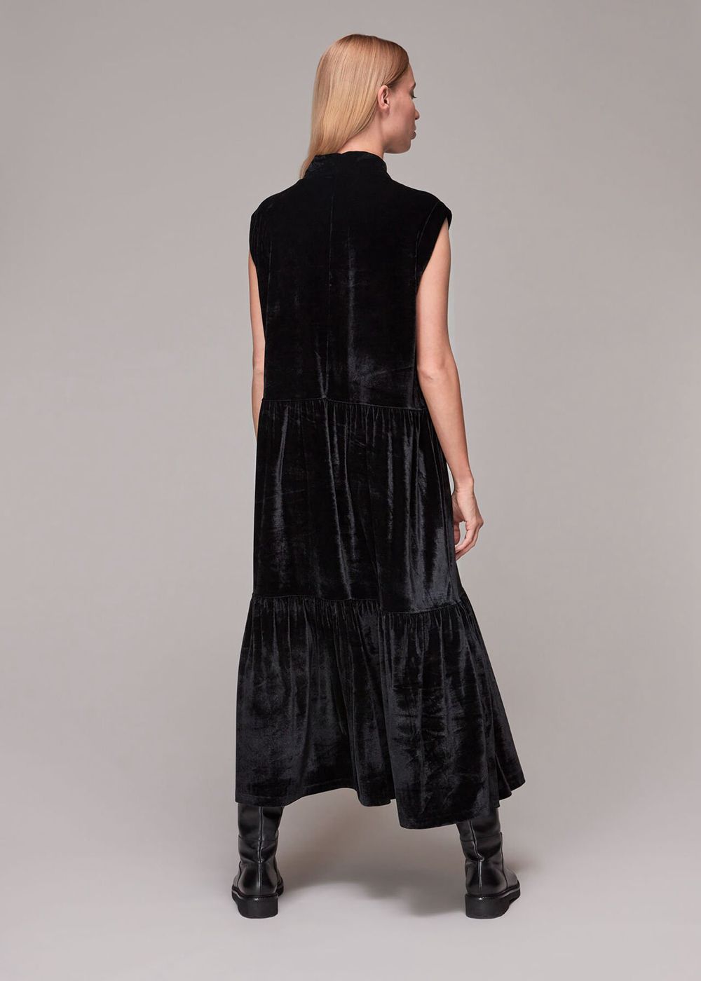 Whistles Tiered Jersey Velvet Dress Black | US-72183ADCT