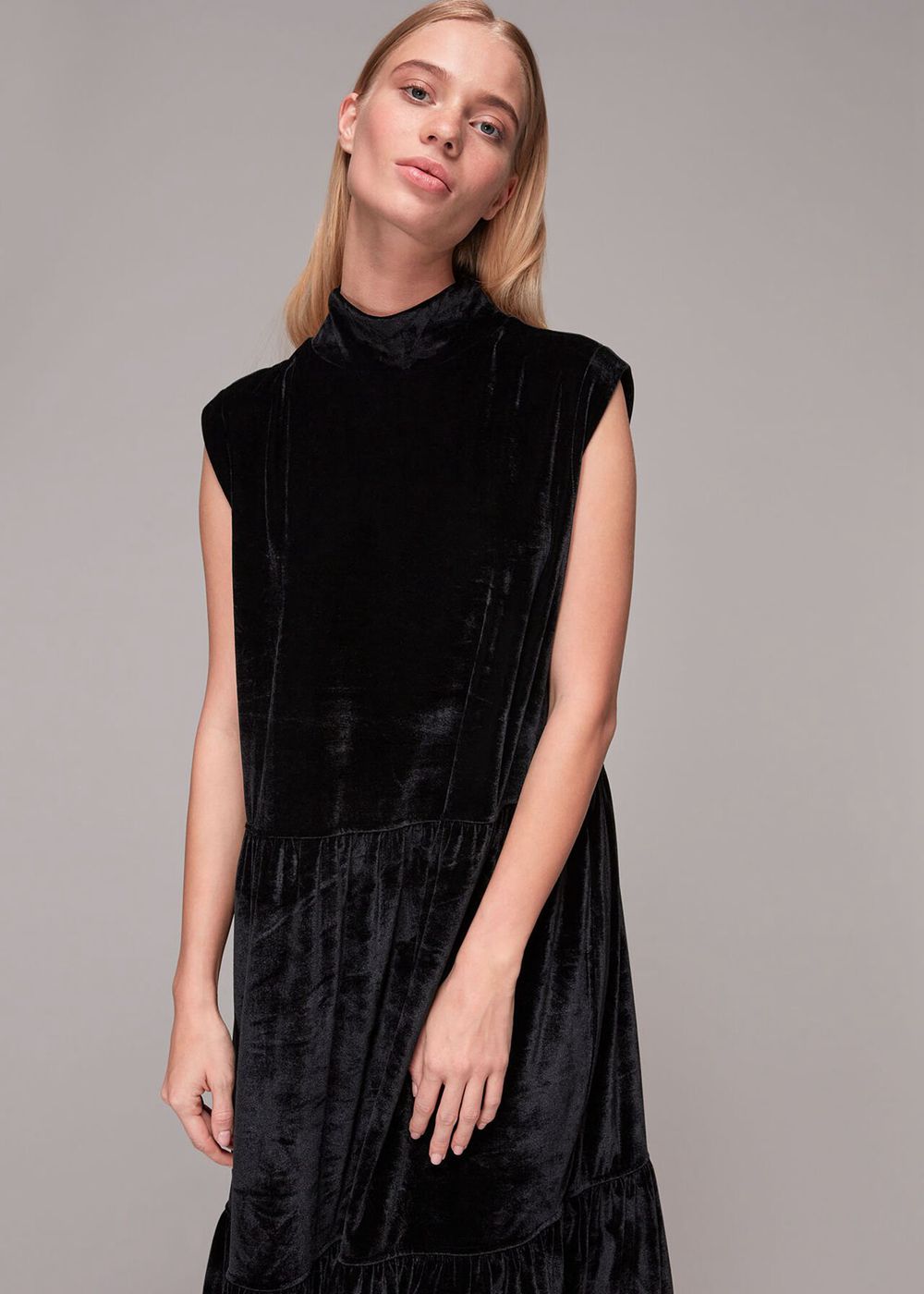 Whistles Tiered Jersey Velvet Dress Black | US-72183ADCT