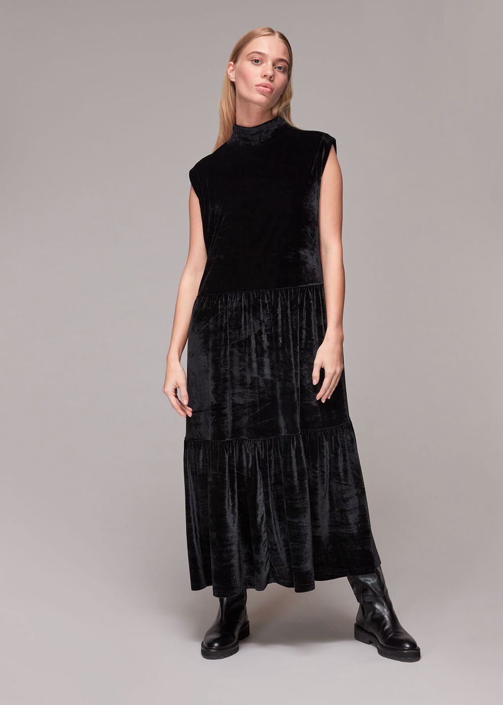 Whistles Tiered Jersey Velvet Dress Black | US-72183ADCT