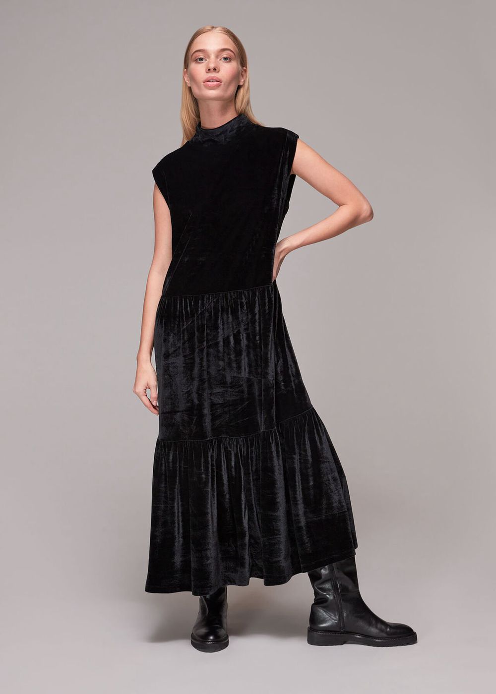 Whistles Tiered Jersey Velvet Dress Black | US-72183ADCT