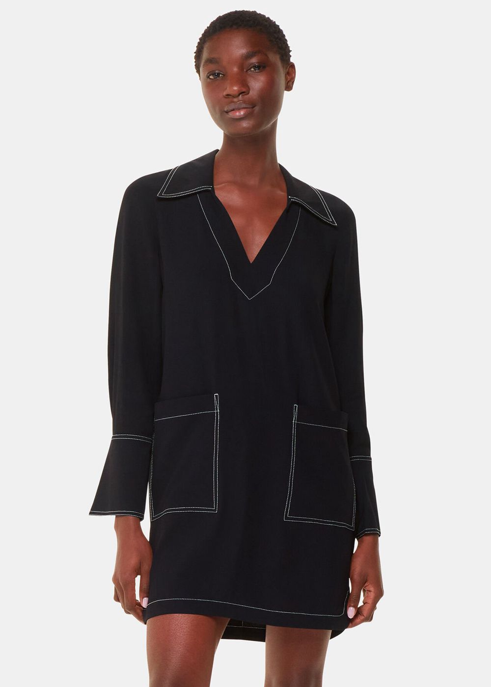 Whistles Topstitch Detail Shirt Dress Black | US-45862VUGW