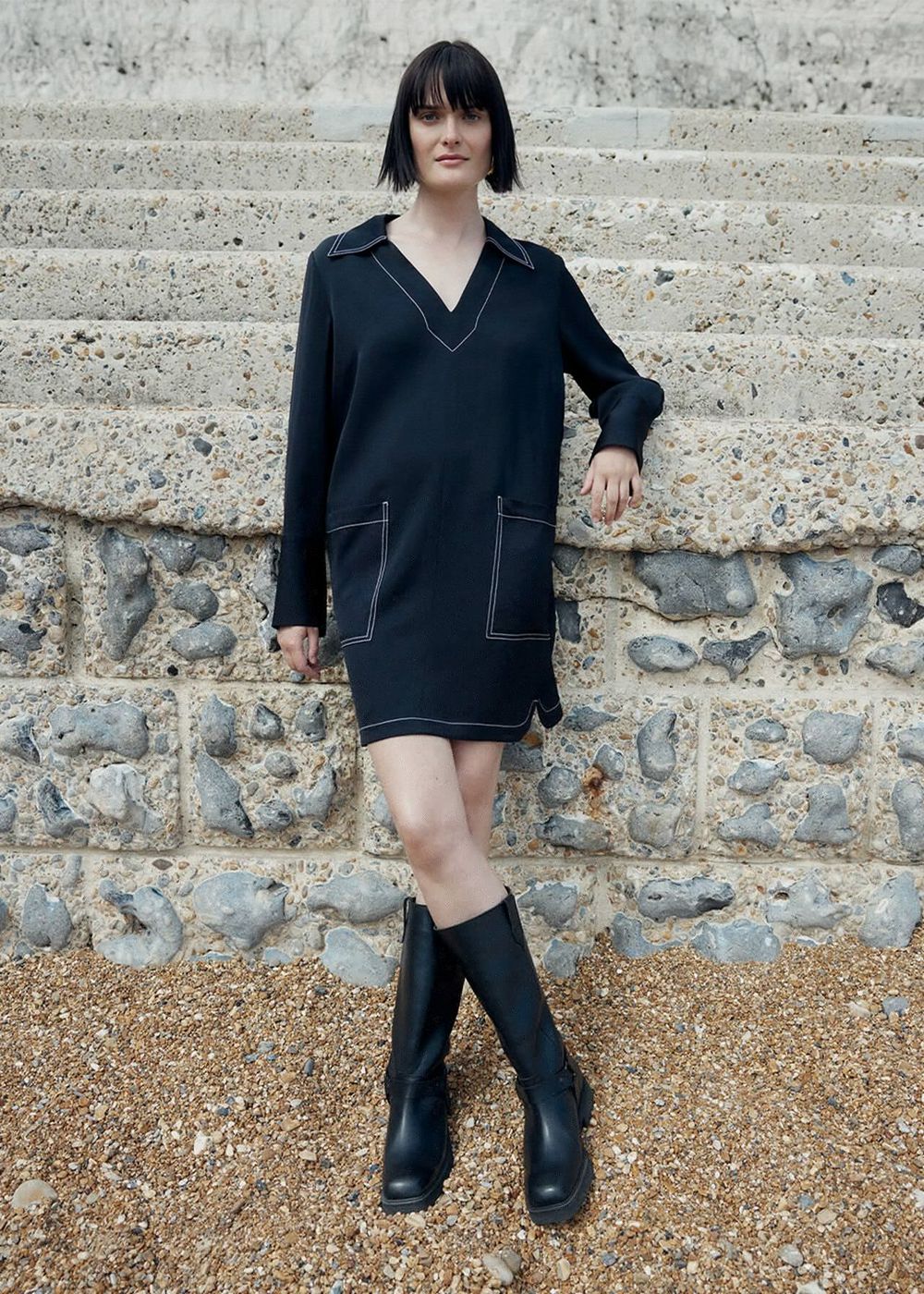 Whistles Topstitch Detail Shirt Dress Black | US-45862VUGW