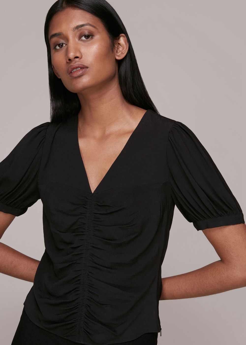 Whistles V Neck Gather Detail Top Black | US-27304PEWX