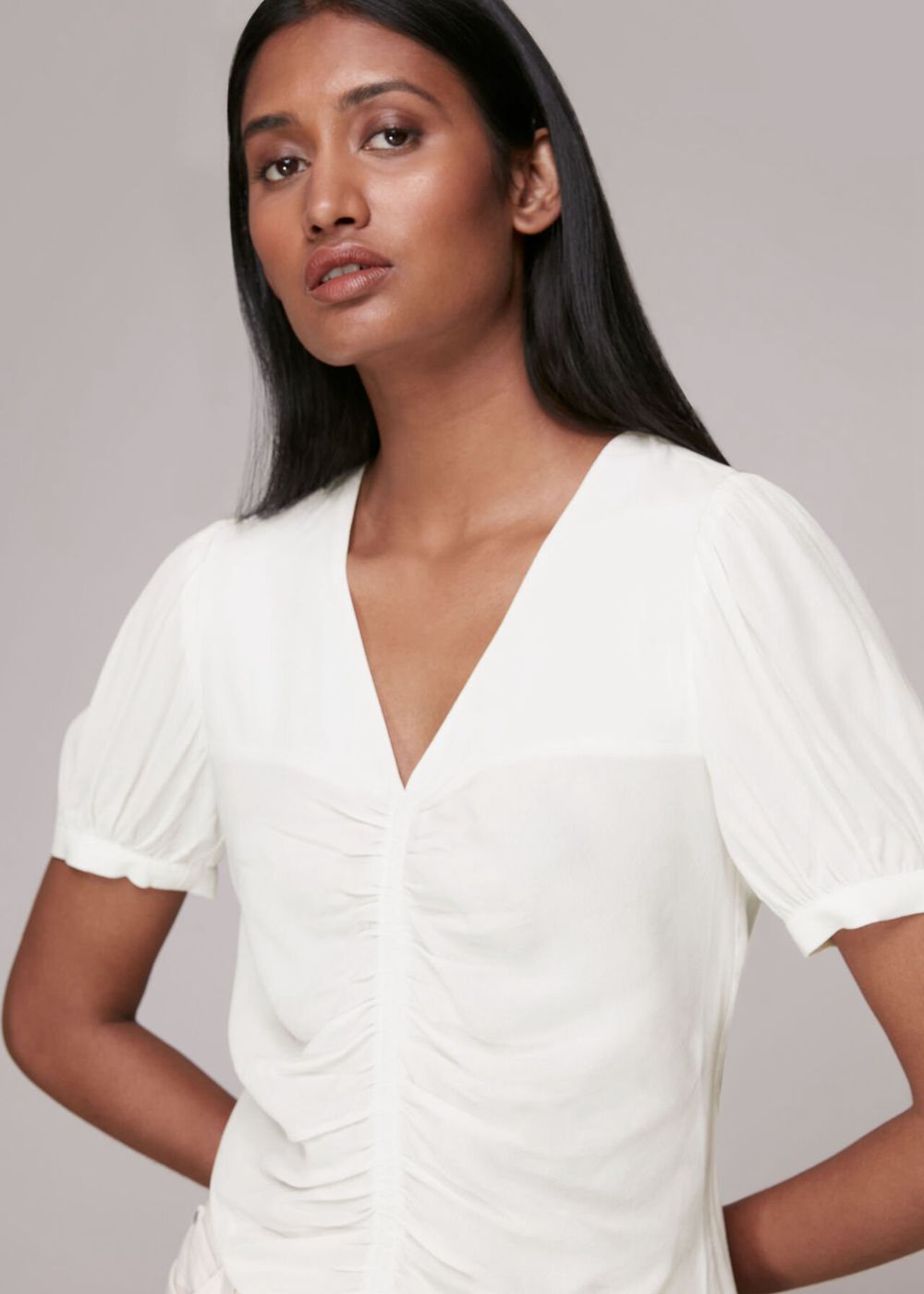 Whistles V Neck Gather Detail Top White | US-63510ZQFO