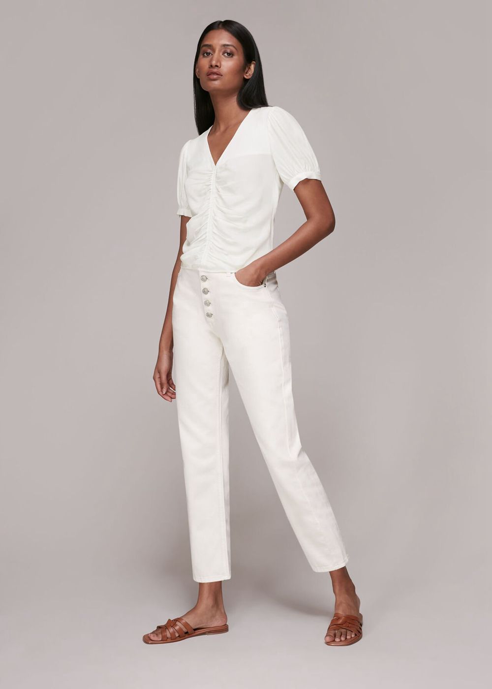 Whistles V Neck Gather Detail Top White | US-63510ZQFO