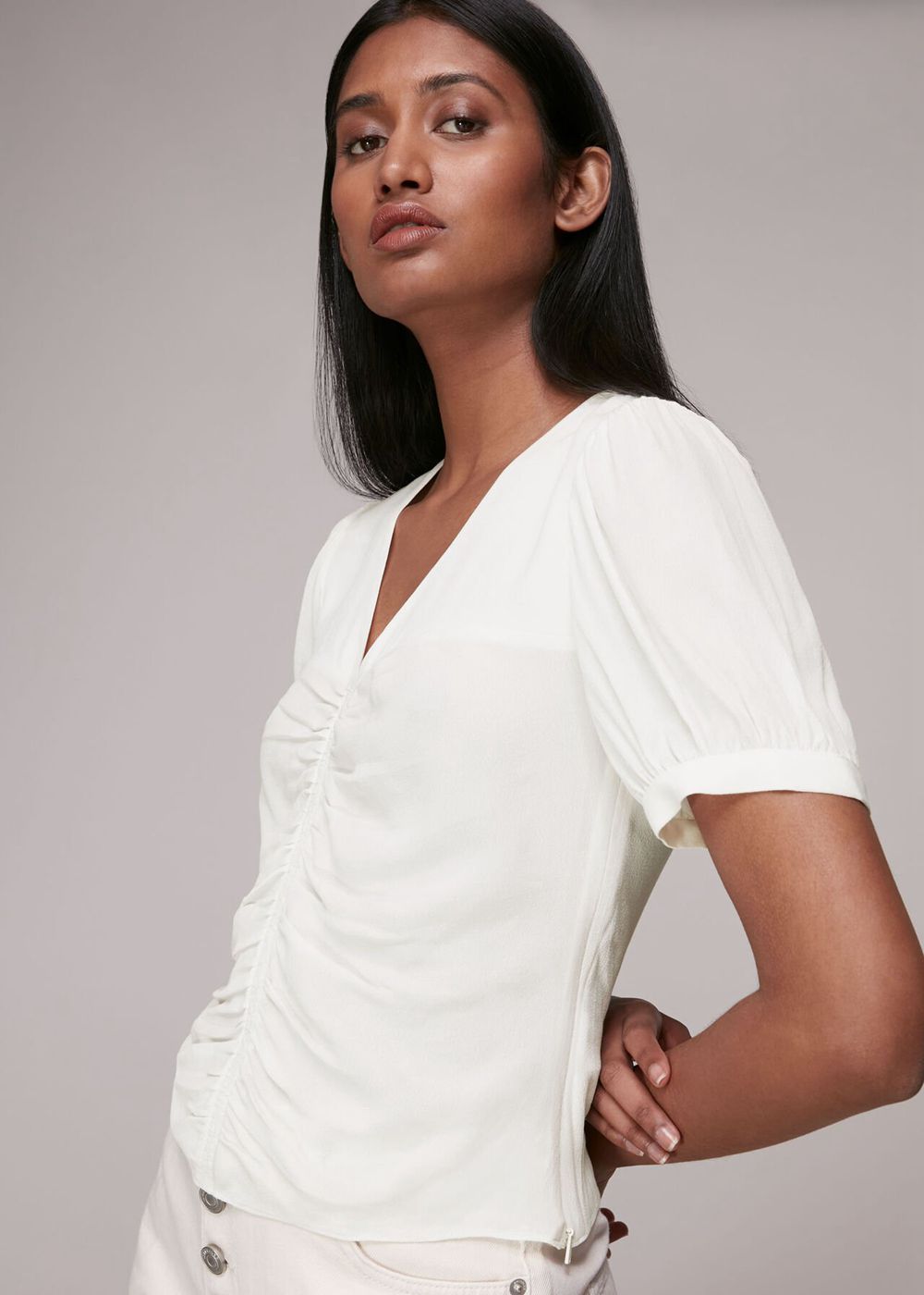 Whistles V Neck Gather Detail Top White | US-63510ZQFO