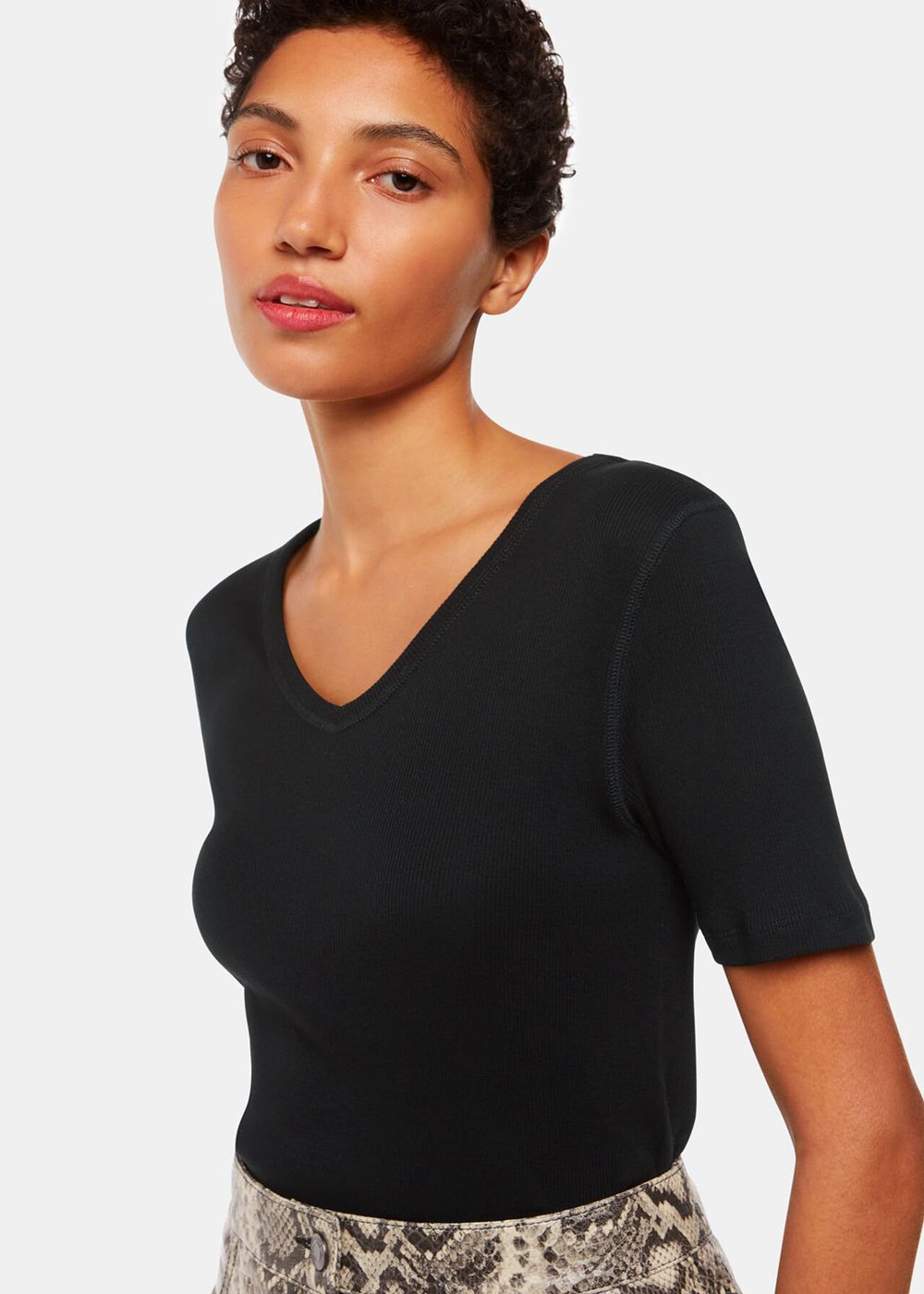 Whistles V Neck Ribbed T-Shirt Black | US-78925OQXG