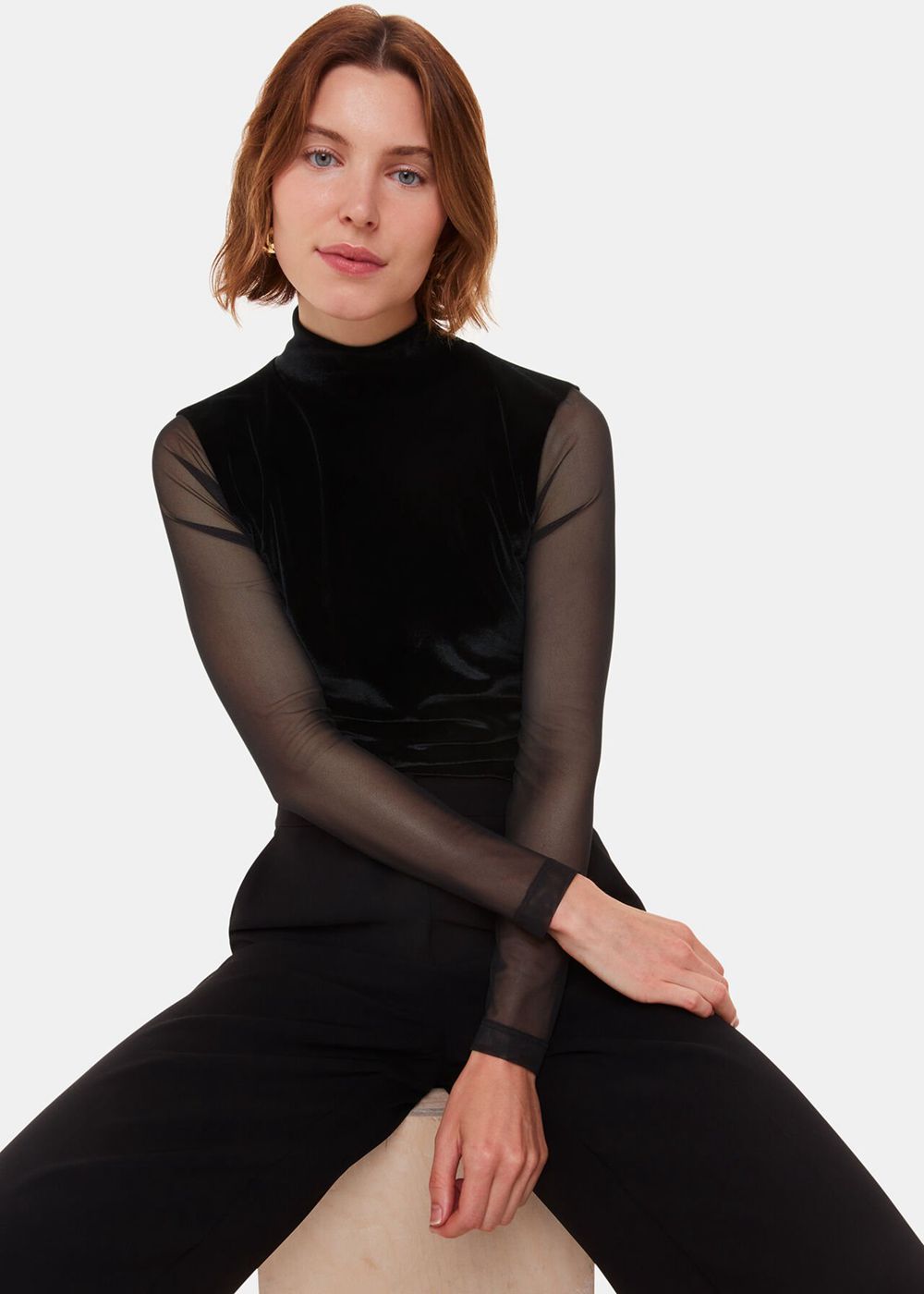 Whistles Velvet Mesh Sleeve Top Black | US-09438KQNM