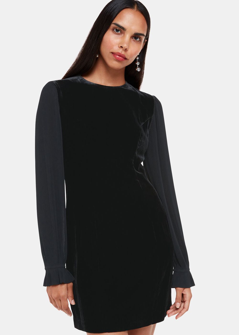 Whistles Velvet Pleat Sleeve Mini Dress Black | US-28164ZDFH