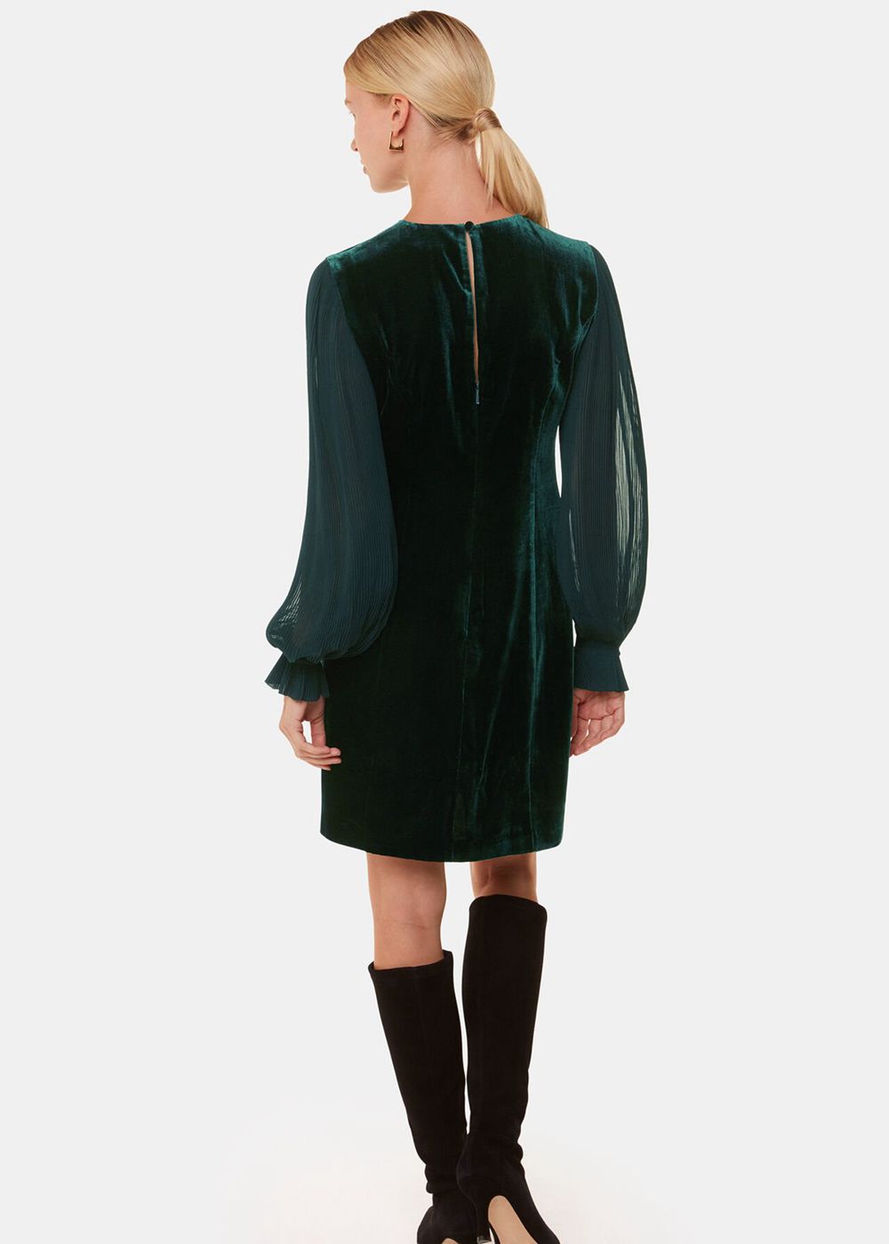 Whistles Velvet Pleated Sleeve Dress Dark Green | US-74012OEVT